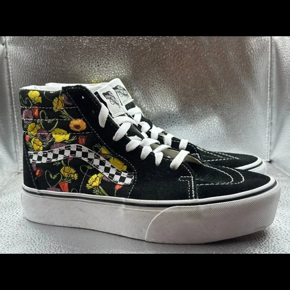 Size 6.5 -‎ Vans Sk8-Hi Platform Colorful Poppy Checkerboard Floral Skate Shoes